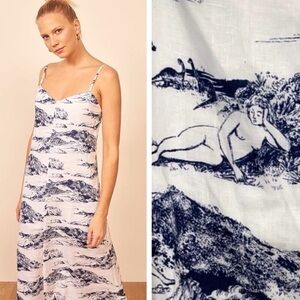 LIKE NEW 100% Linen Reformation Gisele Midi Dress Covina White Blue Size Small